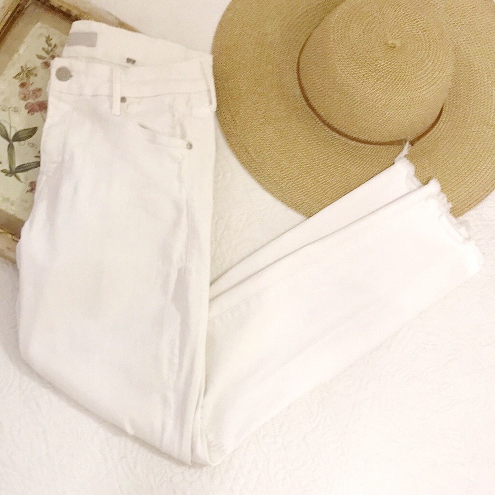 MOTHER The Looker Ankle Fray Distressed White Jeans